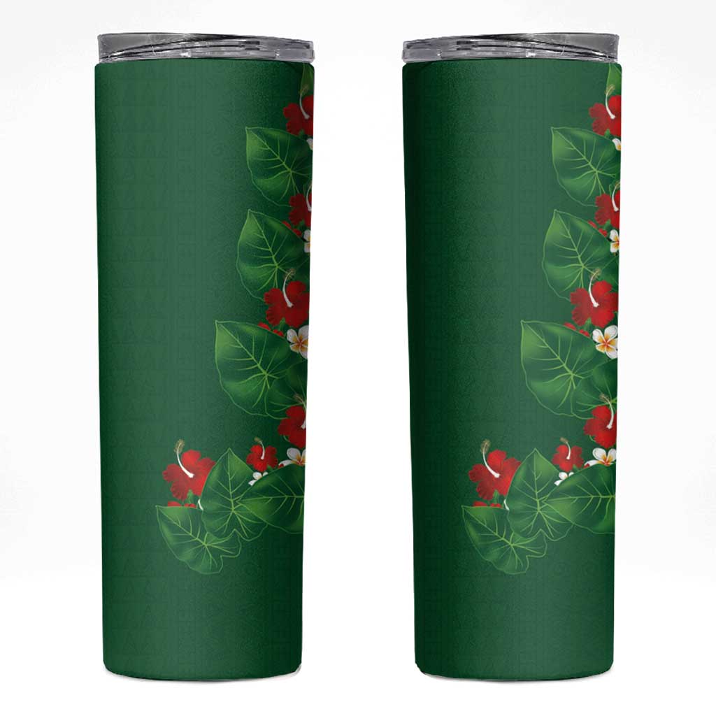 Hawaiian Taro Leaves-Hibiscus and Plumeria Skinny Tumbler Polynesian Art-Kakau Tattoo Green