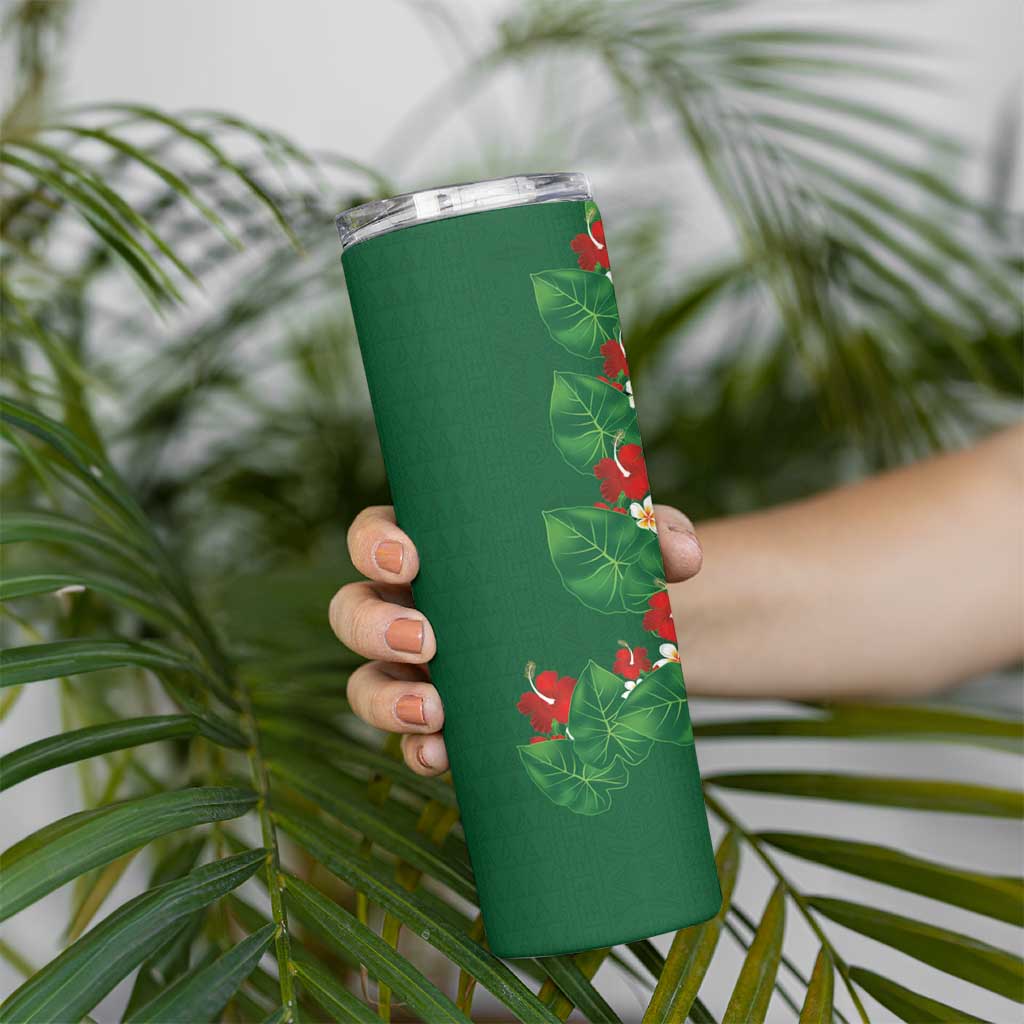 Hawaiian Taro Leaves-Hibiscus and Plumeria Skinny Tumbler Polynesian Art-Kakau Tattoo Green