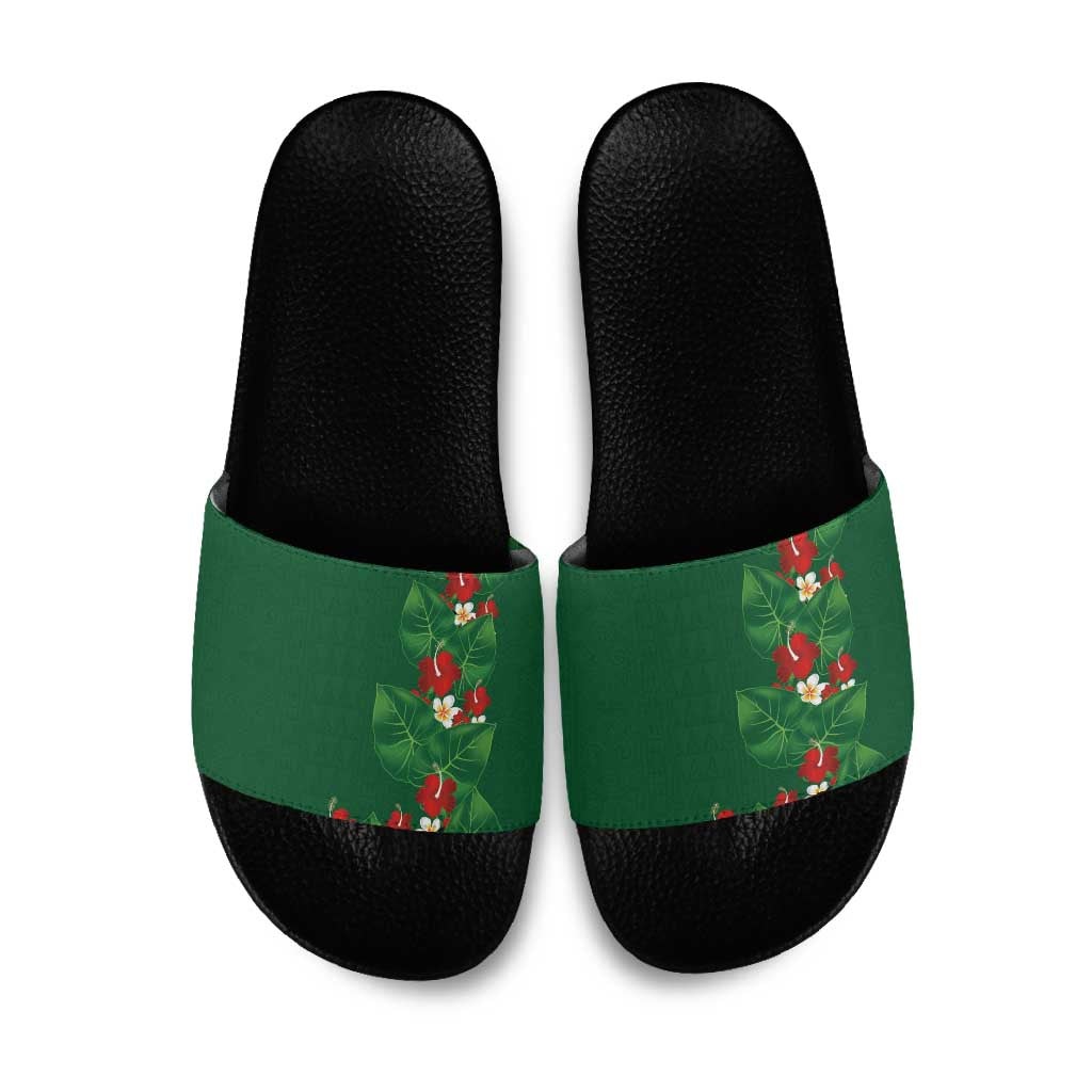 Hawaiian Taro Leaves-Hibiscus and Plumeria Slide Sandals Polynesian Art-Kakau Tattoo Green