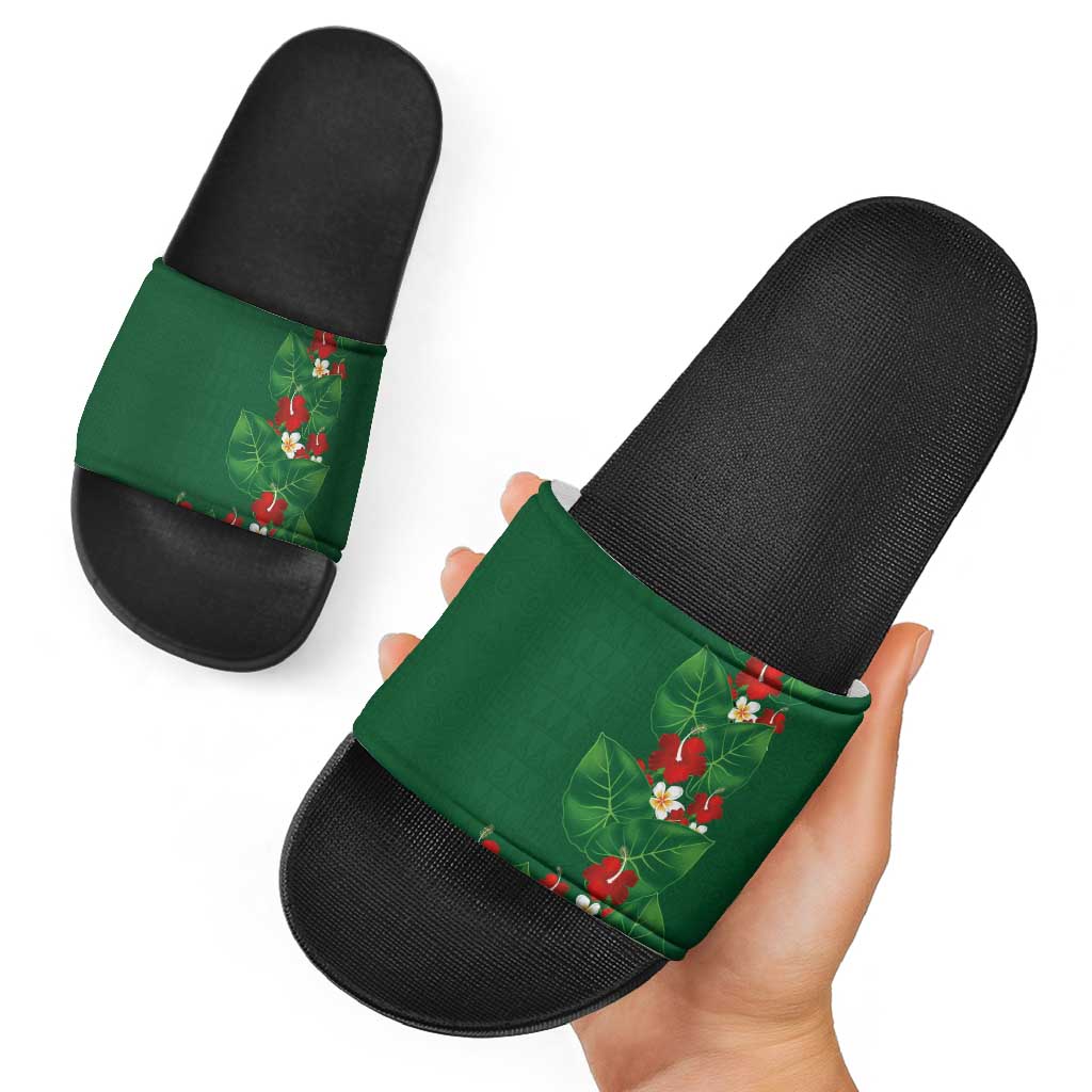 Hawaiian Taro Leaves-Hibiscus and Plumeria Slide Sandals Polynesian Art-Kakau Tattoo Green