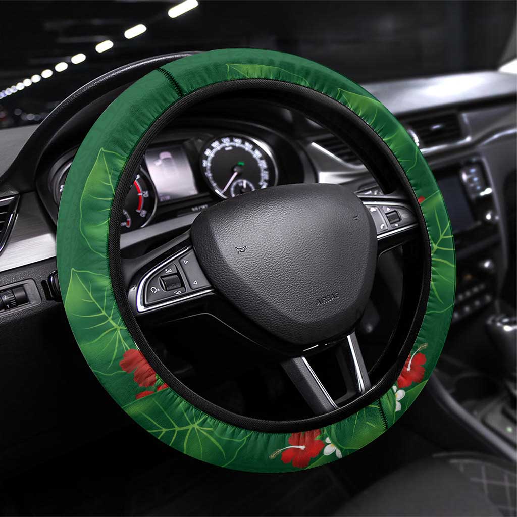 Hawaiian Taro Leaves-Hibiscus and Plumeria Steering Wheel Cover Polynesian Art-Kakau Tattoo Green
