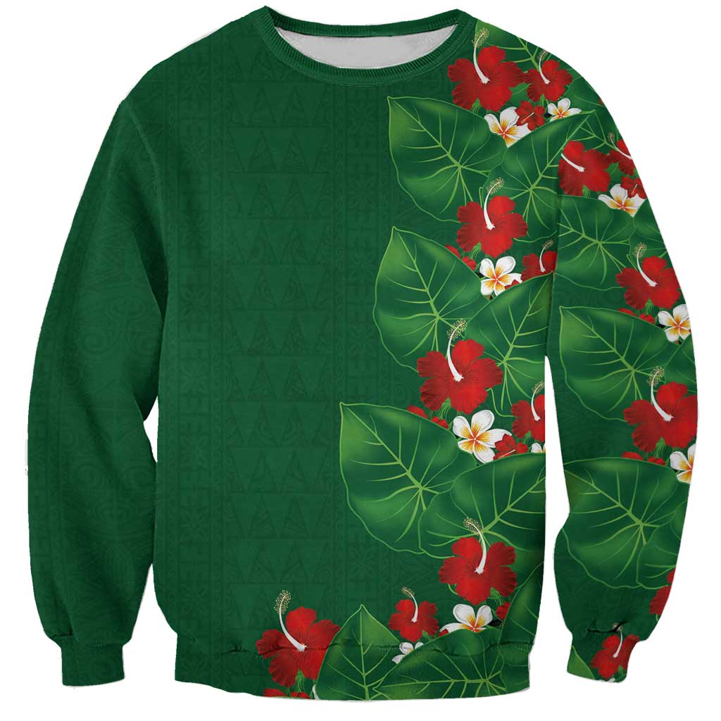 Hawaiian Taro Leaves-Hibiscus and Plumeria Sweatshirt Polynesian Art-Kakau Tattoo Green