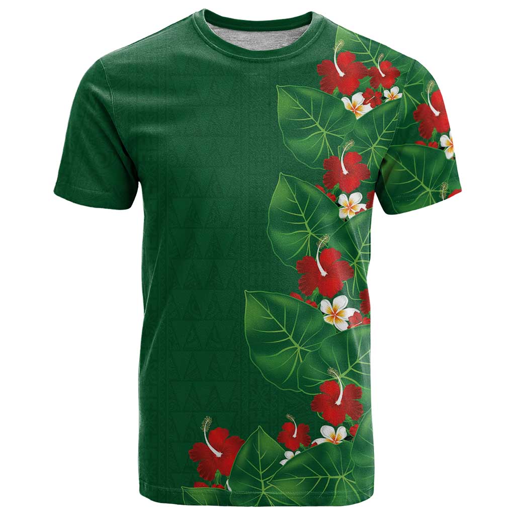 Hawaiian Taro Leaves-Hibiscus and Plumeria T Shirt Polynesian Art-Kakau Tattoo Green