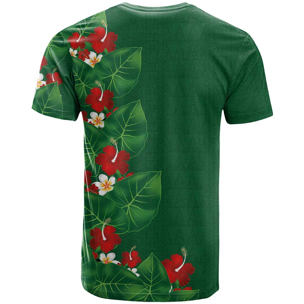 Hawaiian Taro Leaves-Hibiscus and Plumeria T Shirt Polynesian Art-Kakau Tattoo Green