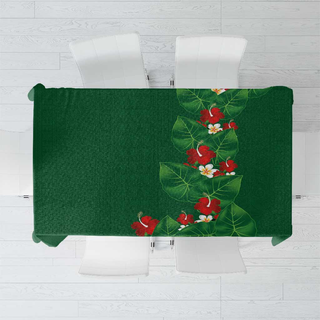 Hawaiian Taro Leaves-Hibiscus and Plumeria Tablecloth Polynesian Art-Kakau Tattoo Green