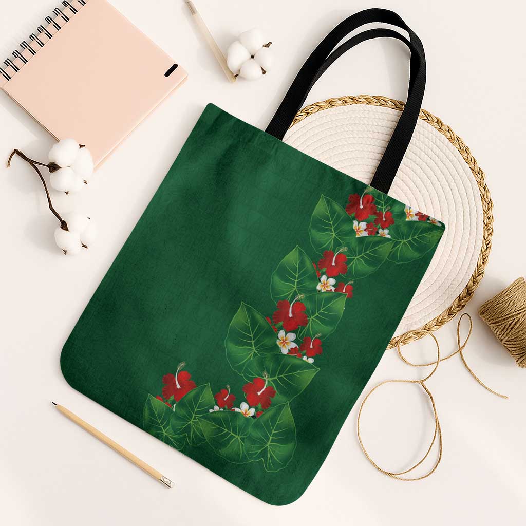 Hawaiian Taro Leaves-Hibiscus and Plumeria Tote Bag Polynesian Art-Kakau Tattoo Green