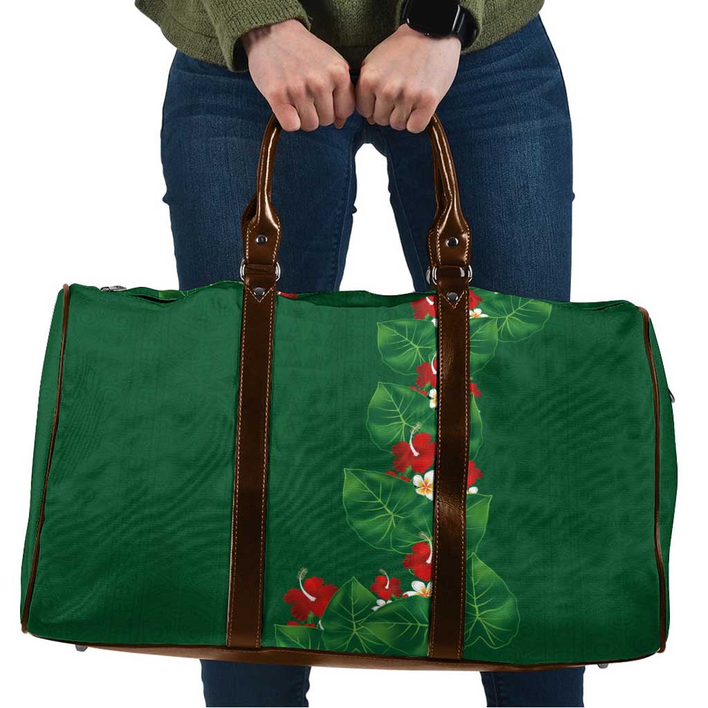 Hawaiian Taro Leaves-Hibiscus and Plumeria Travel Bag Polynesian Art-Kakau Tattoo Green
