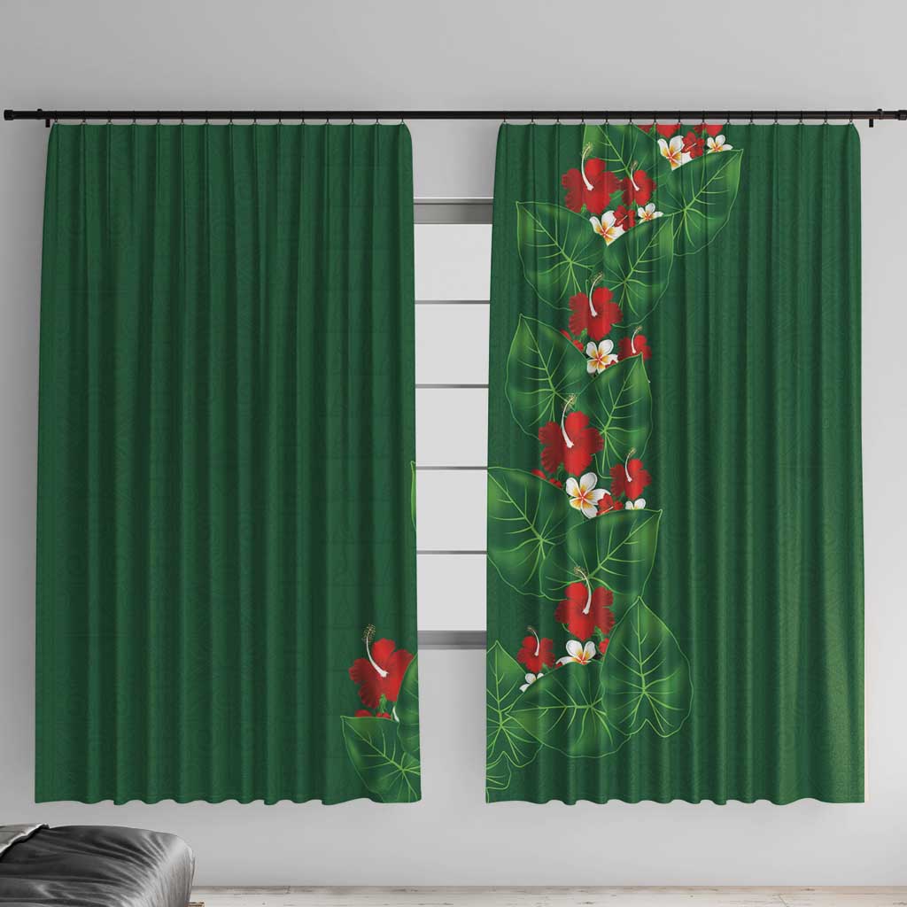 Hawaiian Taro Leaves-Hibiscus and Plumeria Window Curtain Polynesian Art-Kakau Tattoo Green