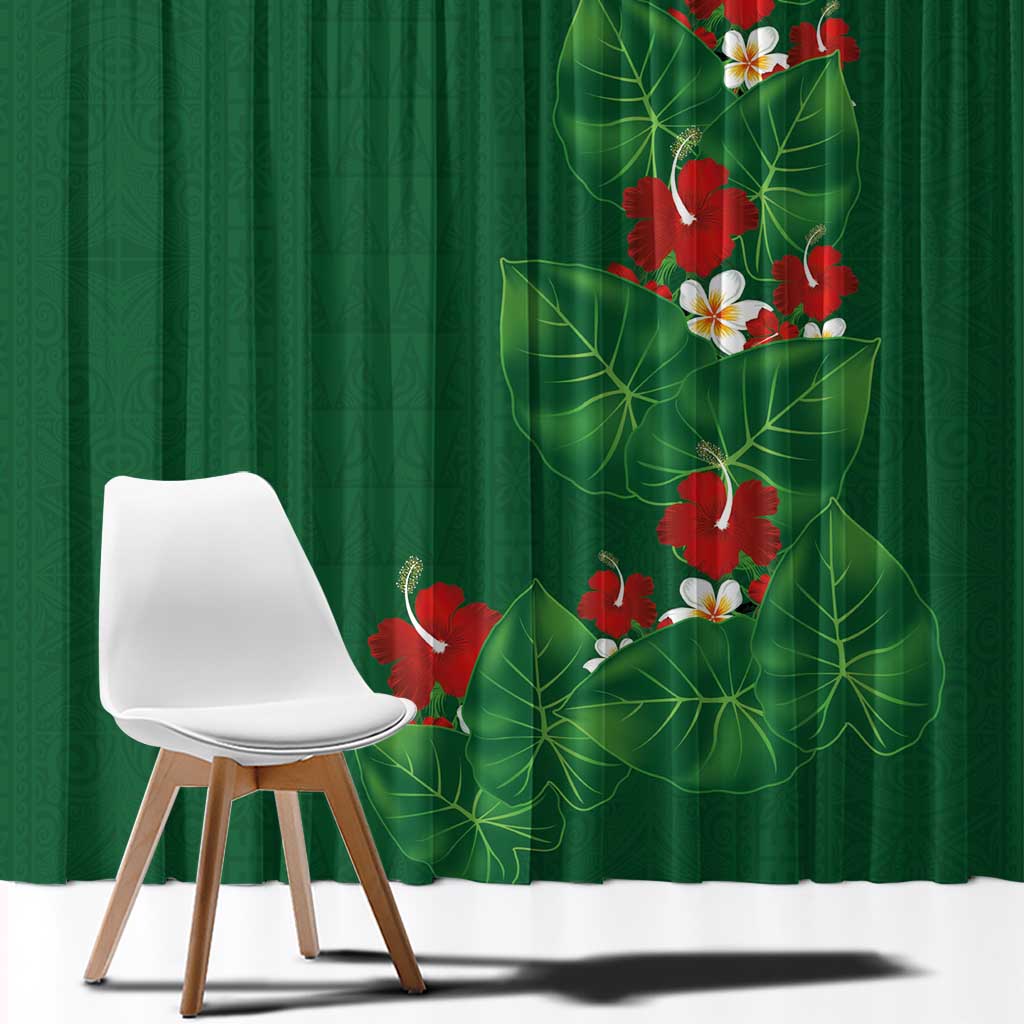 Hawaiian Taro Leaves-Hibiscus and Plumeria Window Curtain Polynesian Art-Kakau Tattoo Green