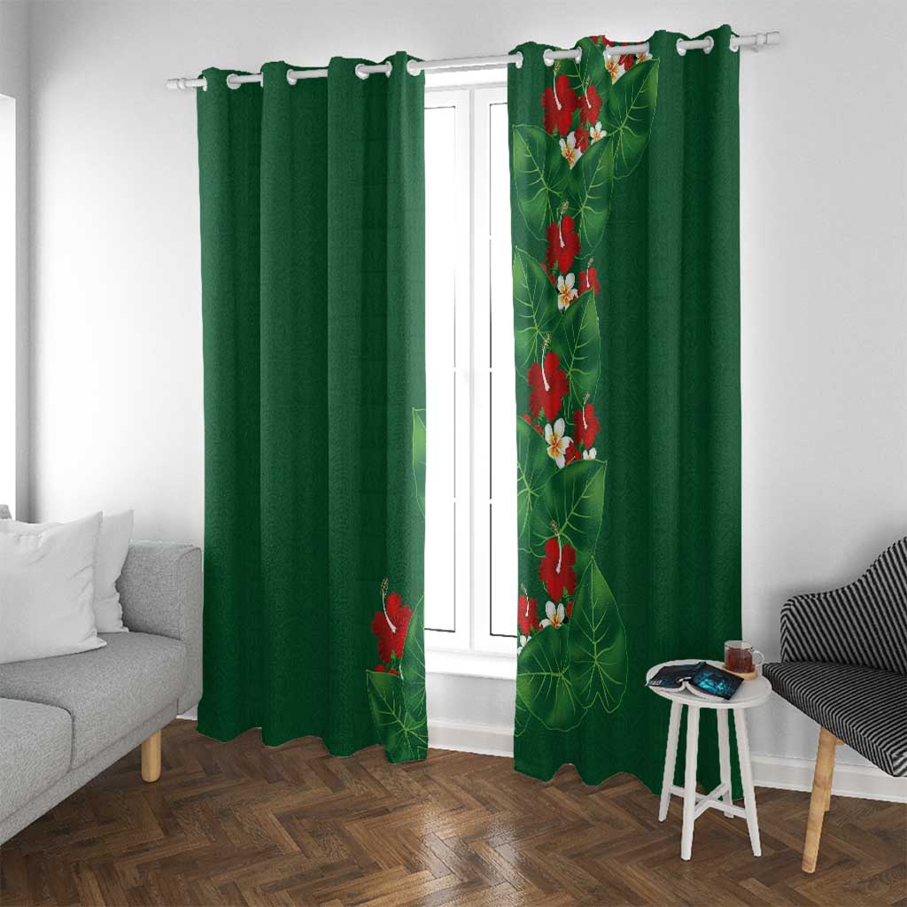 Hawaiian Taro Leaves-Hibiscus and Plumeria Window Curtain Polynesian Art-Kakau Tattoo Green