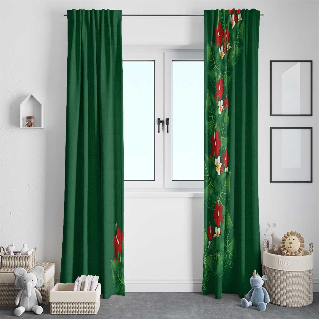 Hawaiian Taro Leaves-Hibiscus and Plumeria Window Curtain Polynesian Art-Kakau Tattoo Green