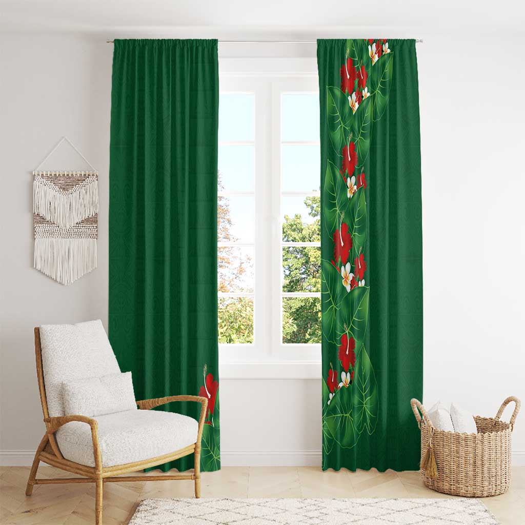 Hawaiian Taro Leaves-Hibiscus and Plumeria Window Curtain Polynesian Art-Kakau Tattoo Green