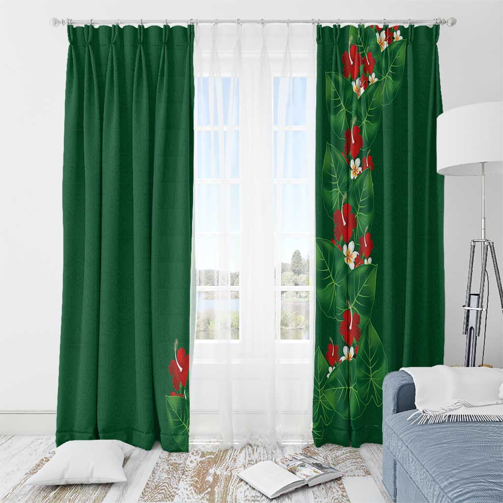 Hawaiian Taro Leaves-Hibiscus and Plumeria Window Curtain Polynesian Art-Kakau Tattoo Green