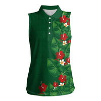 Hawaiian Taro Leaves-Hibiscus and Plumeria Women Sleeveless Polo Shirt Polynesian Art-Kakau Tattoo Green