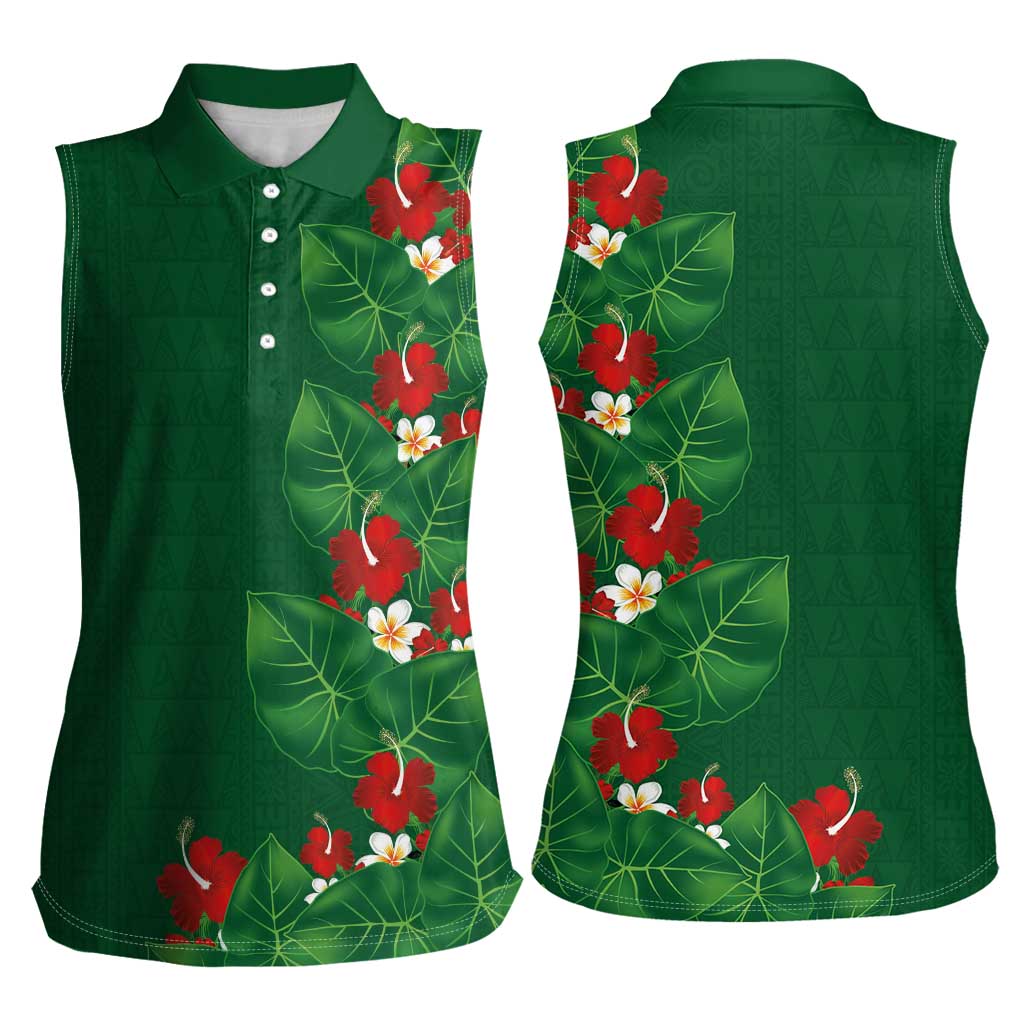 Hawaiian Taro Leaves-Hibiscus and Plumeria Women Sleeveless Polo Shirt Polynesian Art-Kakau Tattoo Green