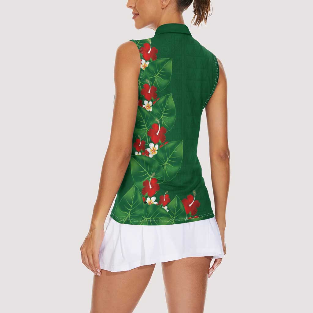 Hawaiian Taro Leaves-Hibiscus and Plumeria Women Sleeveless Polo Shirt Polynesian Art-Kakau Tattoo Green