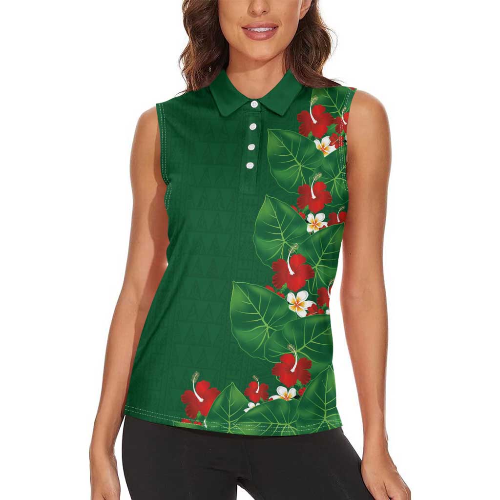 Hawaiian Taro Leaves-Hibiscus and Plumeria Women Sleeveless Polo Shirt Polynesian Art-Kakau Tattoo Green