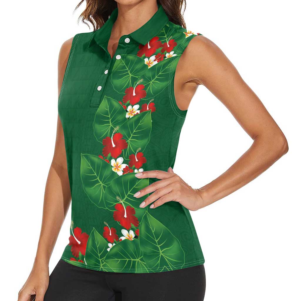 Hawaiian Taro Leaves-Hibiscus and Plumeria Women Sleeveless Polo Shirt Polynesian Art-Kakau Tattoo Green