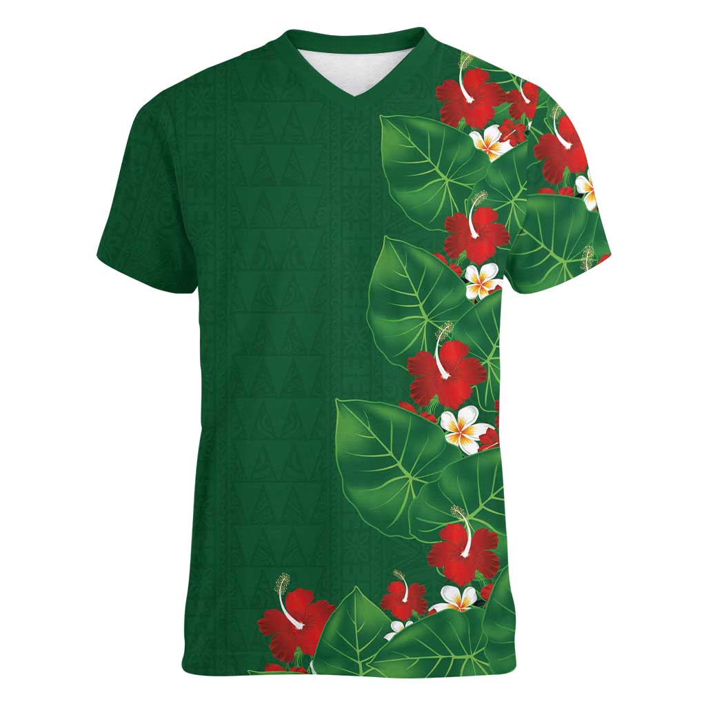 Hawaiian Taro Leaves-Hibiscus and Plumeria Women V-Neck T-Shirt Polynesian Art-Kakau Tattoo Green