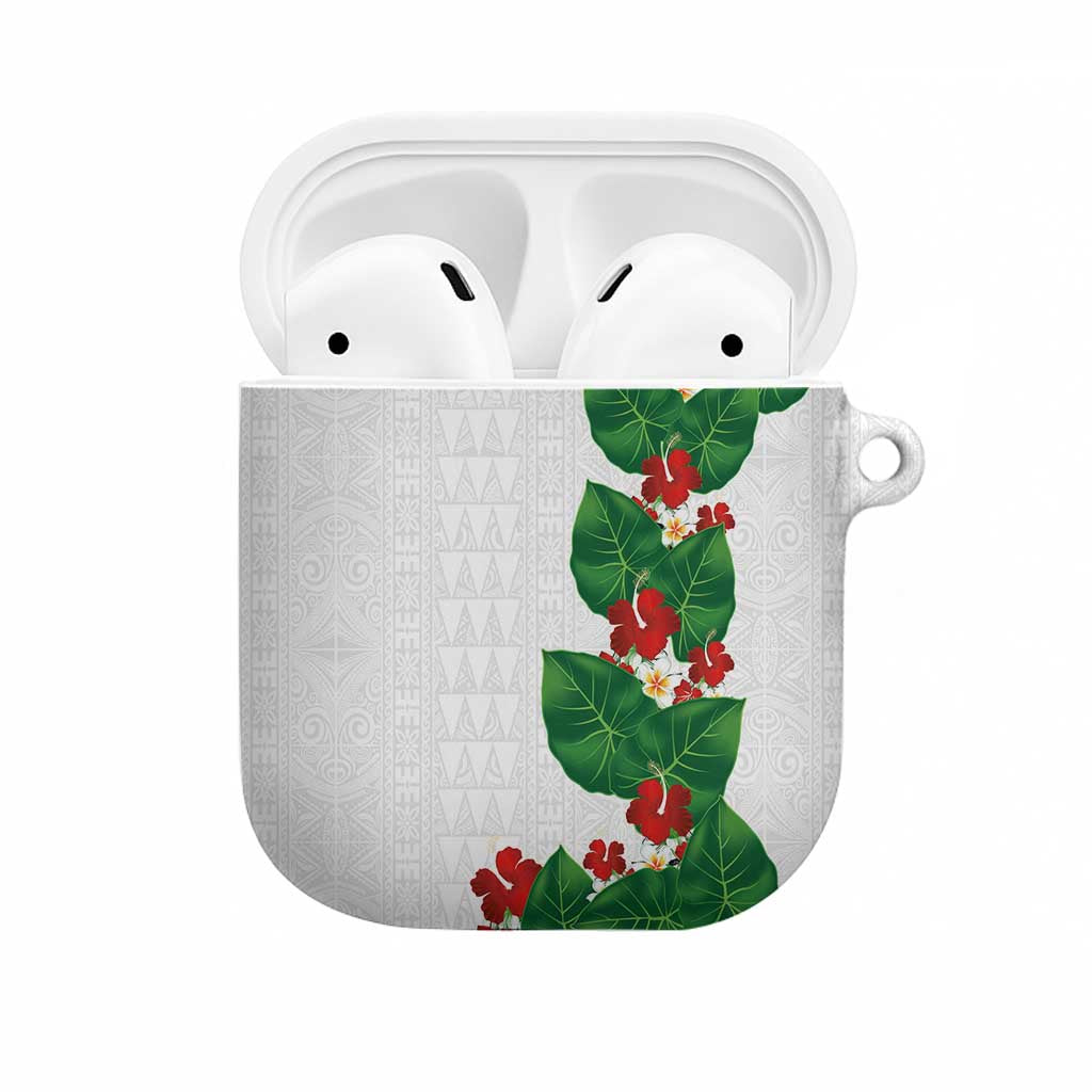 Hawaiian Taro Leaves-Hibiscus and Plumeria AirPods Case Polynesian Art-Kakau Tattoo White
