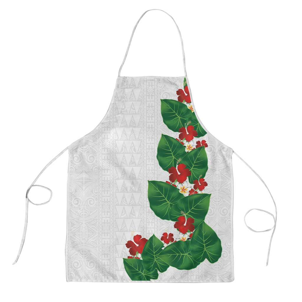 Hawaiian Taro Leaves-Hibiscus and Plumeria Apron Polynesian Art-Kakau Tattoo White