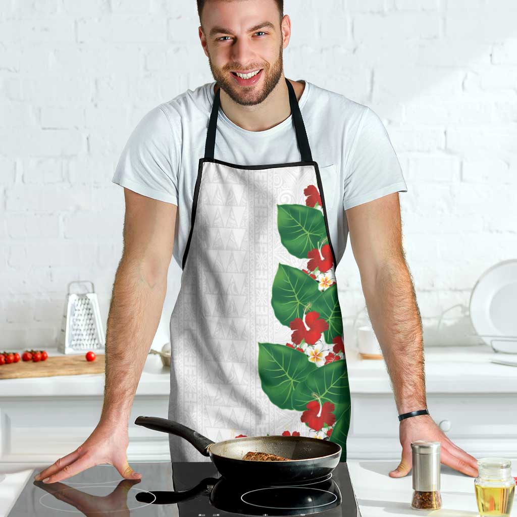 Hawaiian Taro Leaves-Hibiscus and Plumeria Apron Polynesian Art-Kakau Tattoo White