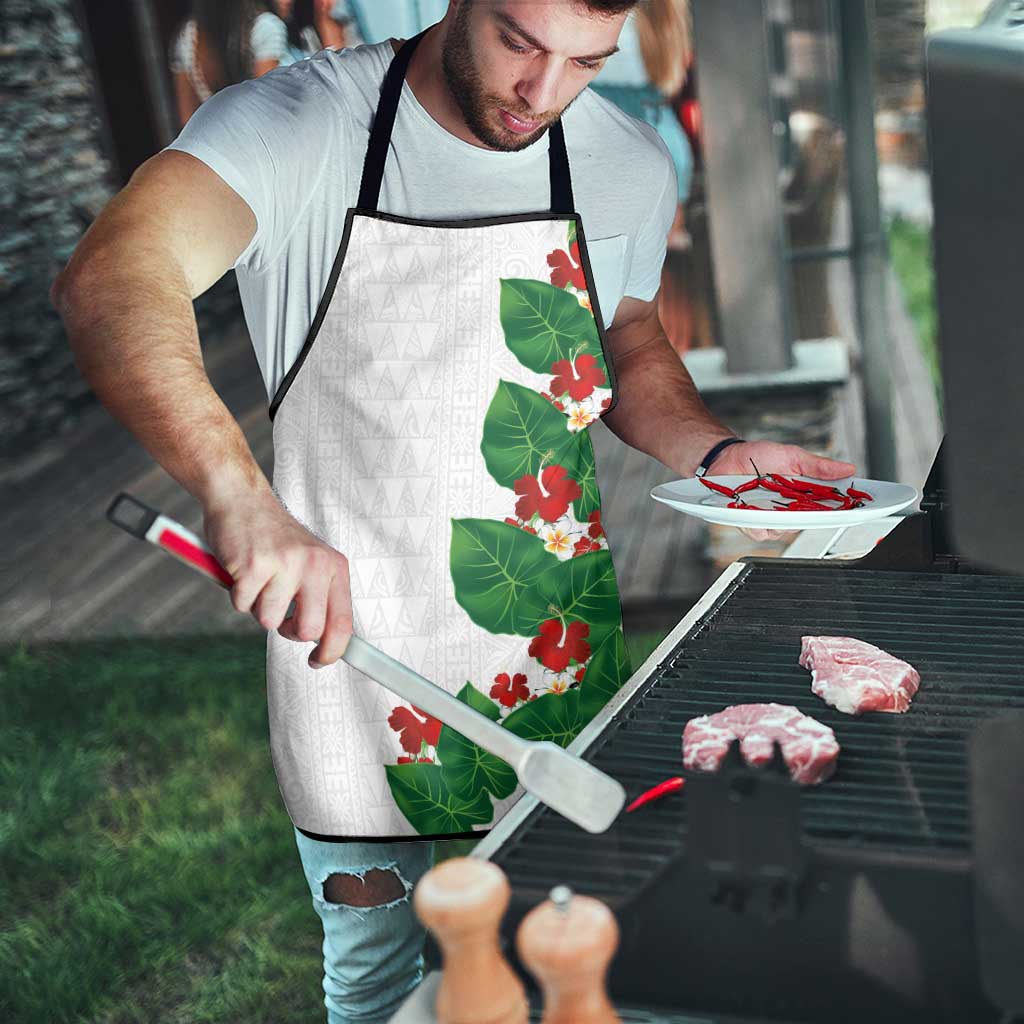 Hawaiian Taro Leaves-Hibiscus and Plumeria Apron Polynesian Art-Kakau Tattoo White