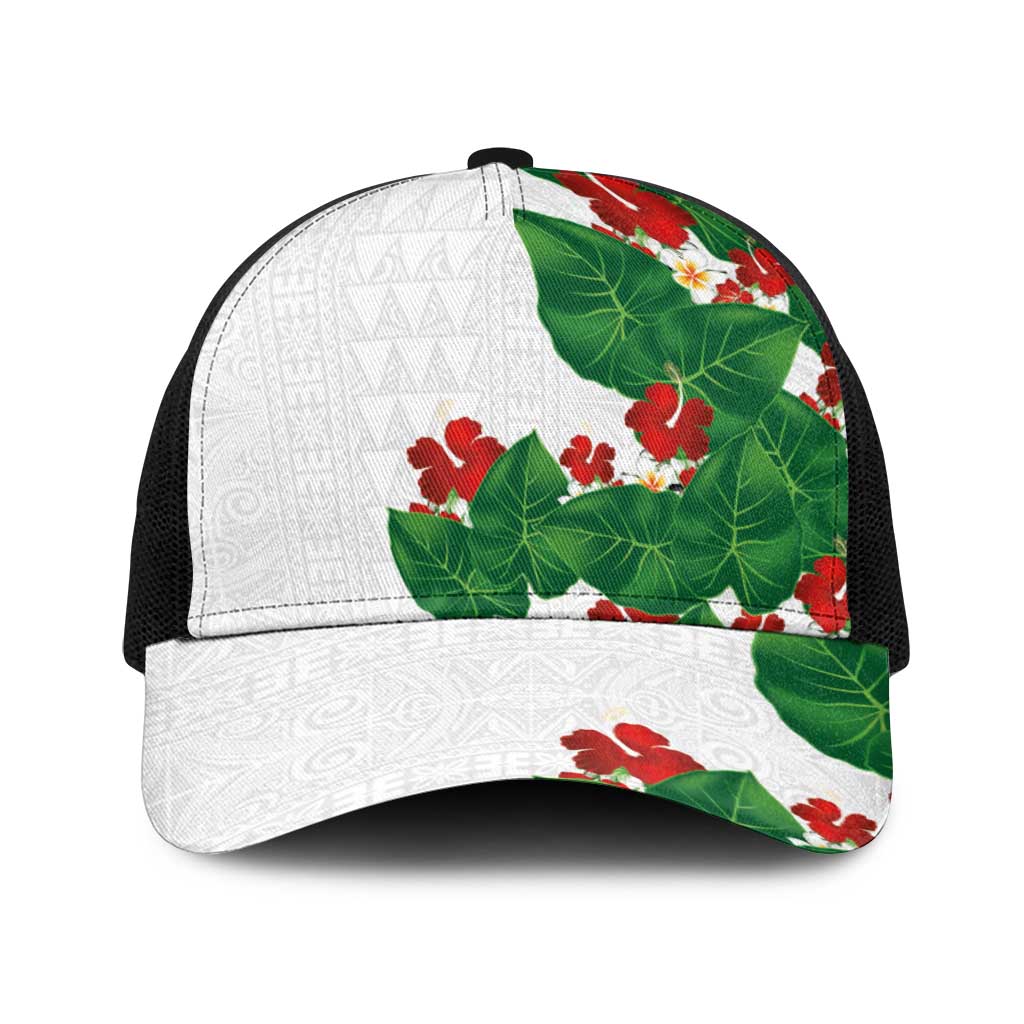 Hawaiian Taro Leaves-Hibiscus and Plumeria Baseball Net Cap Polynesian Art-Kakau Tattoo White LT03 One Size Black White - Polynesian Pride