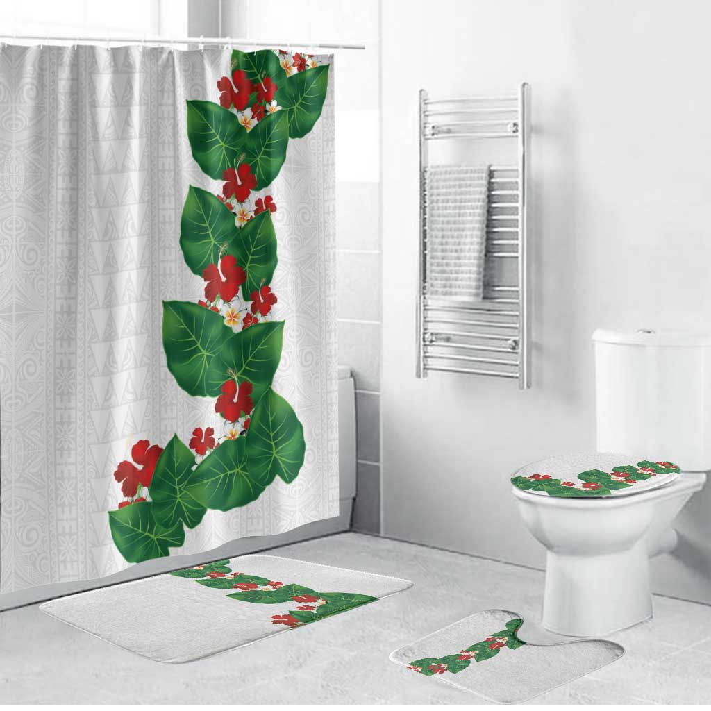 Hawaiian Taro Leaves-Hibiscus and Plumeria Bathroom Set Polynesian Art-Kakau Tattoo White