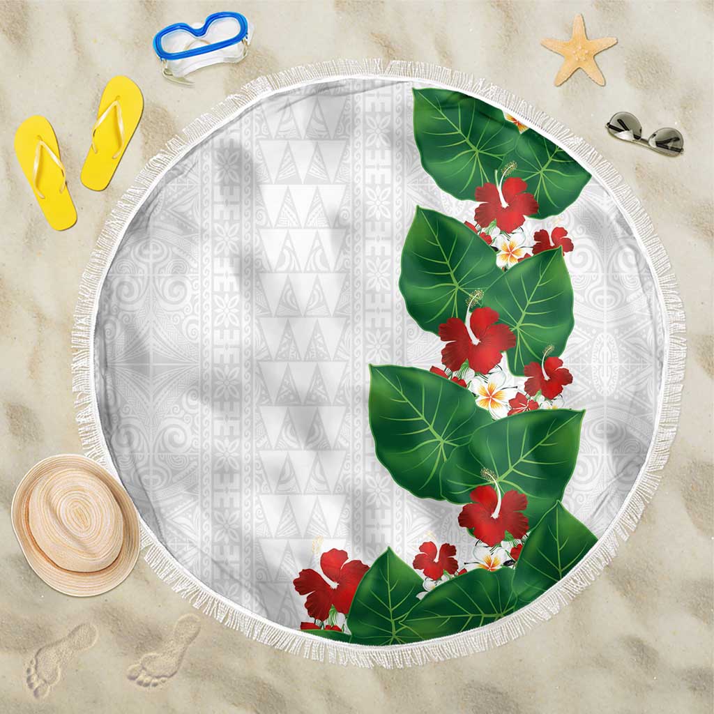 Hawaiian Taro Leaves-Hibiscus and Plumeria Beach Blanket Polynesian Art-Kakau Tattoo White