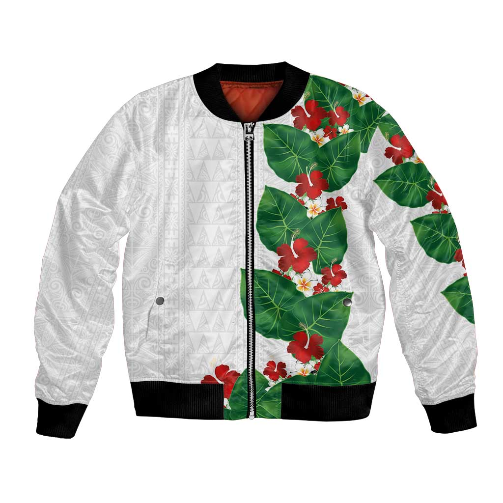 Hawaiian Taro Leaves-Hibiscus and Plumeria Bomber Jacket Polynesian Art-Kakau Tattoo White LT03 Unisex White - Polynesian Pride