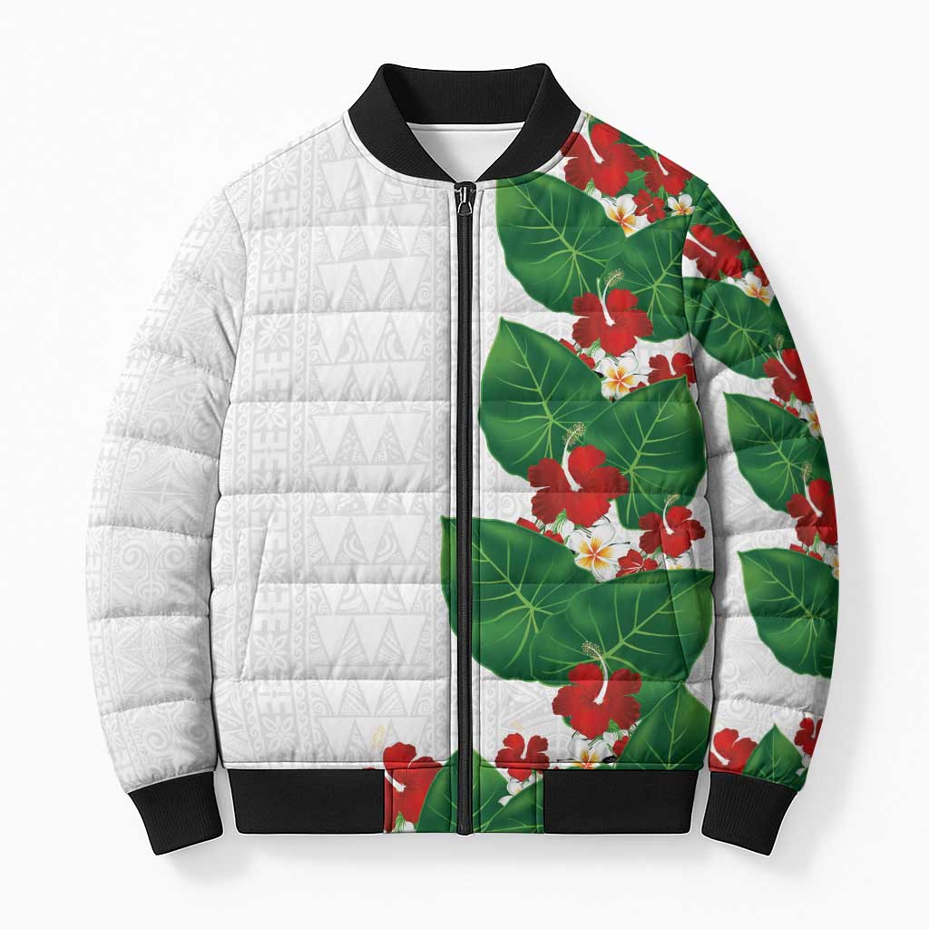 Hawaiian Taro Leaves-Hibiscus and Plumeria Bomber Puffer Jacket Polynesian Art-Kakau Tattoo White LT03 Unisex White - Polynesian Pride