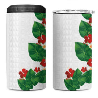 Hawaiian Taro Leaves-Hibiscus and Plumeria 4 in 1 Can Cooler Tumbler Polynesian Art-Kakau Tattoo White