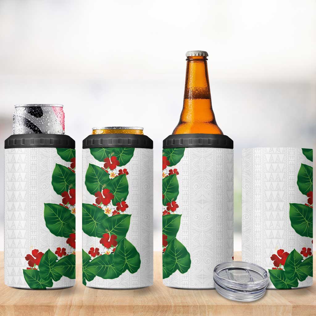 Hawaiian Taro Leaves-Hibiscus and Plumeria 4 in 1 Can Cooler Tumbler Polynesian Art-Kakau Tattoo White