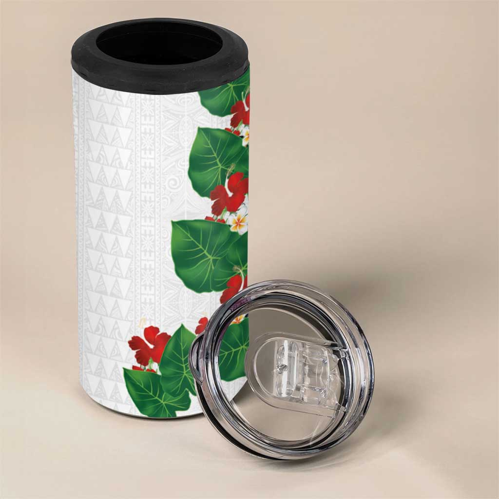 Hawaiian Taro Leaves-Hibiscus and Plumeria 4 in 1 Can Cooler Tumbler Polynesian Art-Kakau Tattoo White