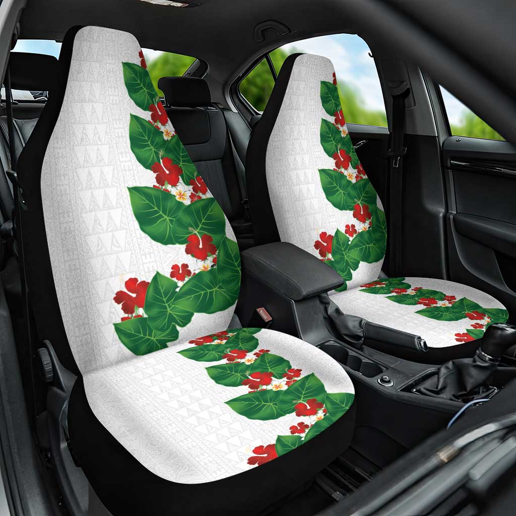Hawaiian Taro Leaves-Hibiscus and Plumeria Car Seat Cover Polynesian Art-Kakau Tattoo White
