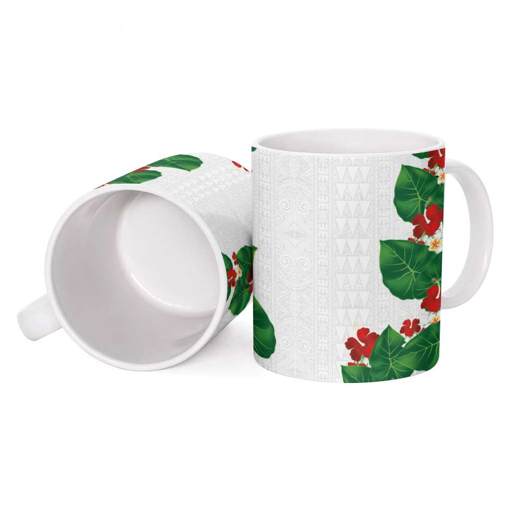 Hawaiian Taro Leaves-Hibiscus and Plumeria Ceramic Mug Polynesian Art-Kakau Tattoo White