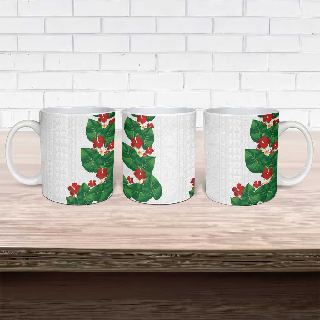 Hawaiian Taro Leaves-Hibiscus and Plumeria Ceramic Mug Polynesian Art-Kakau Tattoo White