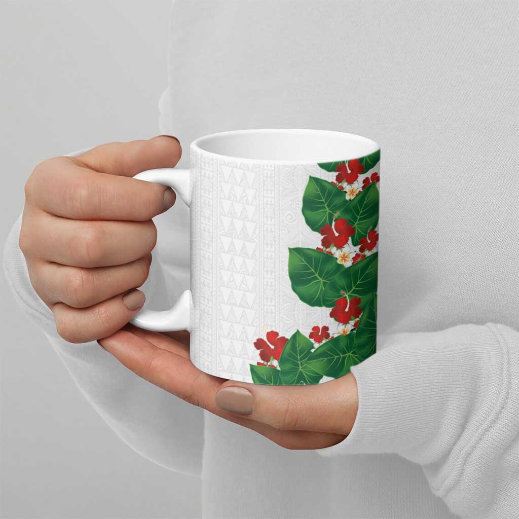 Hawaiian Taro Leaves-Hibiscus and Plumeria Ceramic Mug Polynesian Art-Kakau Tattoo White