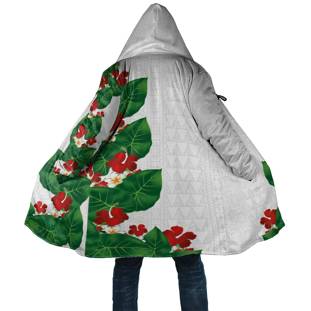 Hawaiian Taro Leaves-Hibiscus and Plumeria Cloak Polynesian Art-Kakau Tattoo White LT03 Unisex White - Polynesian Pride