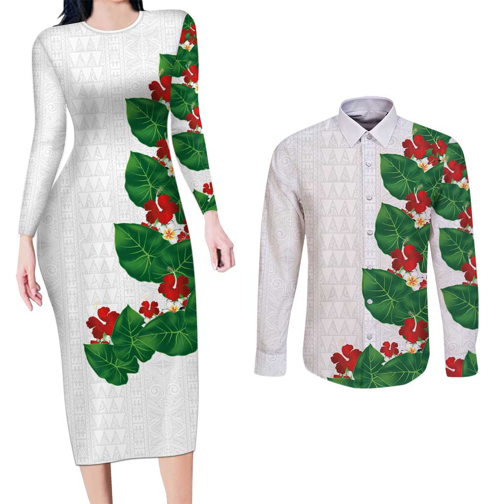 Hawaiian Taro Leaves-Hibiscus and Plumeria Couples Matching Long Sleeve Bodycon Dress and Long Sleeve Button Shirt Polynesian Art-Kakau Tattoo White LT03 White - Polynesian Pride