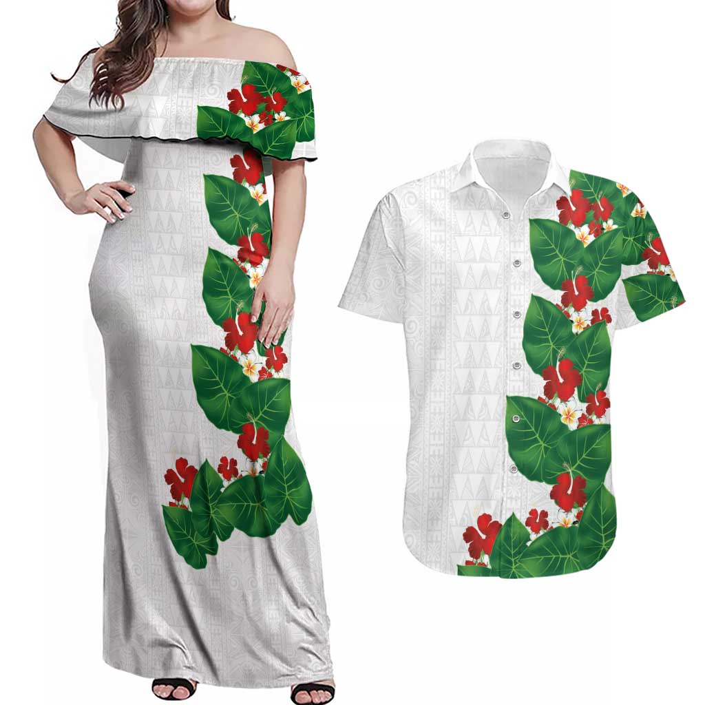 Hawaiian Taro Leaves-Hibiscus and Plumeria Couples Matching Off Shoulder Maxi Dress and Hawaiian Shirt Polynesian Art-Kakau Tattoo White LT03 White - Polynesian Pride