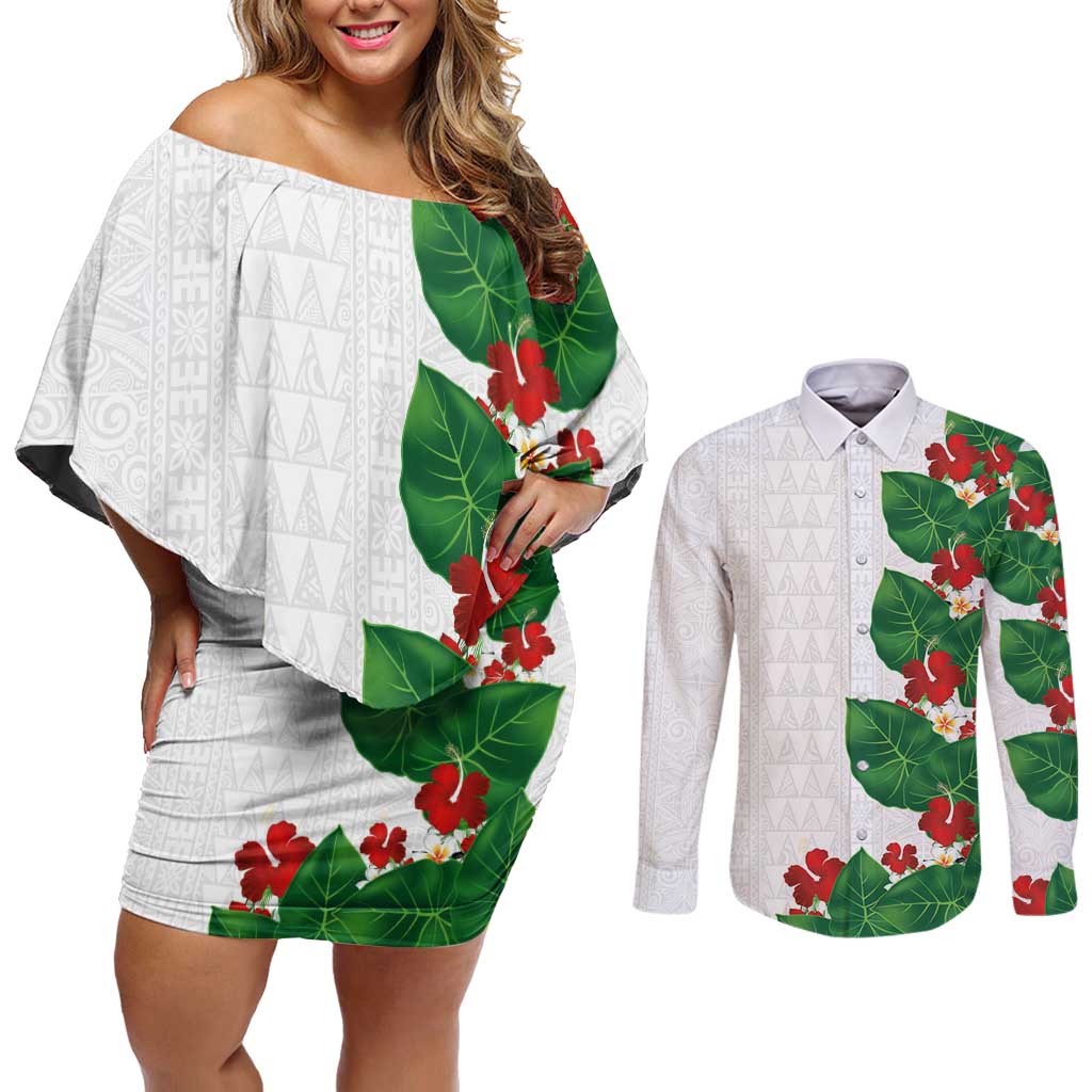 Hawaiian Taro Leaves-Hibiscus and Plumeria Couples Matching Off Shoulder Short Dress and Long Sleeve Button Shirt Polynesian Art-Kakau Tattoo White LT03 White - Polynesian Pride