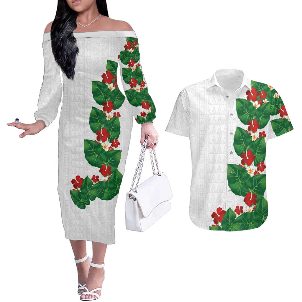 Hawaiian Taro Leaves-Hibiscus and Plumeria Couples Matching Off The Shoulder Long Sleeve Dress and Hawaiian Shirt Polynesian Art-Kakau Tattoo White