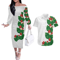 Hawaiian Taro Leaves-Hibiscus and Plumeria Couples Matching Off The Shoulder Long Sleeve Dress and Hawaiian Shirt Polynesian Art-Kakau Tattoo White