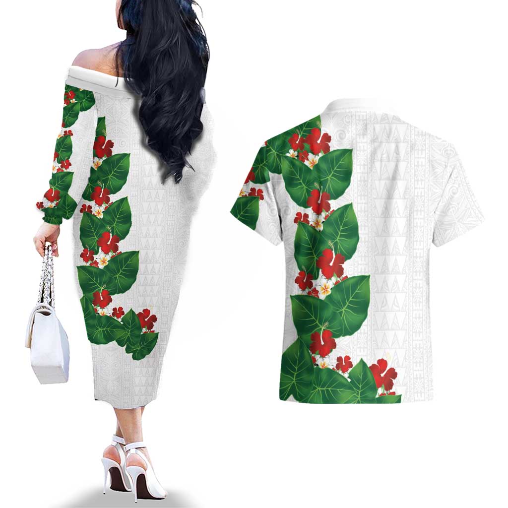 Hawaiian Taro Leaves-Hibiscus and Plumeria Couples Matching Off The Shoulder Long Sleeve Dress and Hawaiian Shirt Polynesian Art-Kakau Tattoo White
