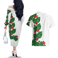 Hawaiian Taro Leaves-Hibiscus and Plumeria Couples Matching Off The Shoulder Long Sleeve Dress and Hawaiian Shirt Polynesian Art-Kakau Tattoo White