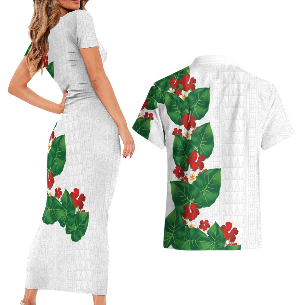 Hawaiian Taro Leaves-Hibiscus and Plumeria Couples Matching Short Sleeve Bodycon Dress and Hawaiian Shirt Polynesian Art-Kakau Tattoo White