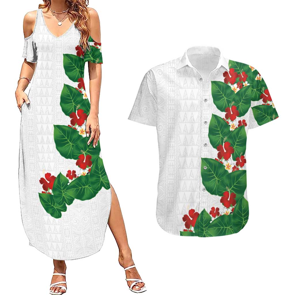 Hawaiian Taro Leaves-Hibiscus and Plumeria Couples Matching Summer Maxi Dress and Hawaiian Shirt Polynesian Art-Kakau Tattoo White