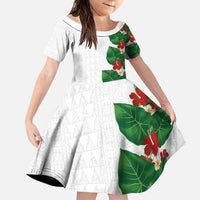 Hawaiian Taro Leaves-Hibiscus and Plumeria Family Matching Off Shoulder Short Dress and Hawaiian Shirt Polynesian Art-Kakau Tattoo White LT03 Daughter's Dress White - Polynesian Pride